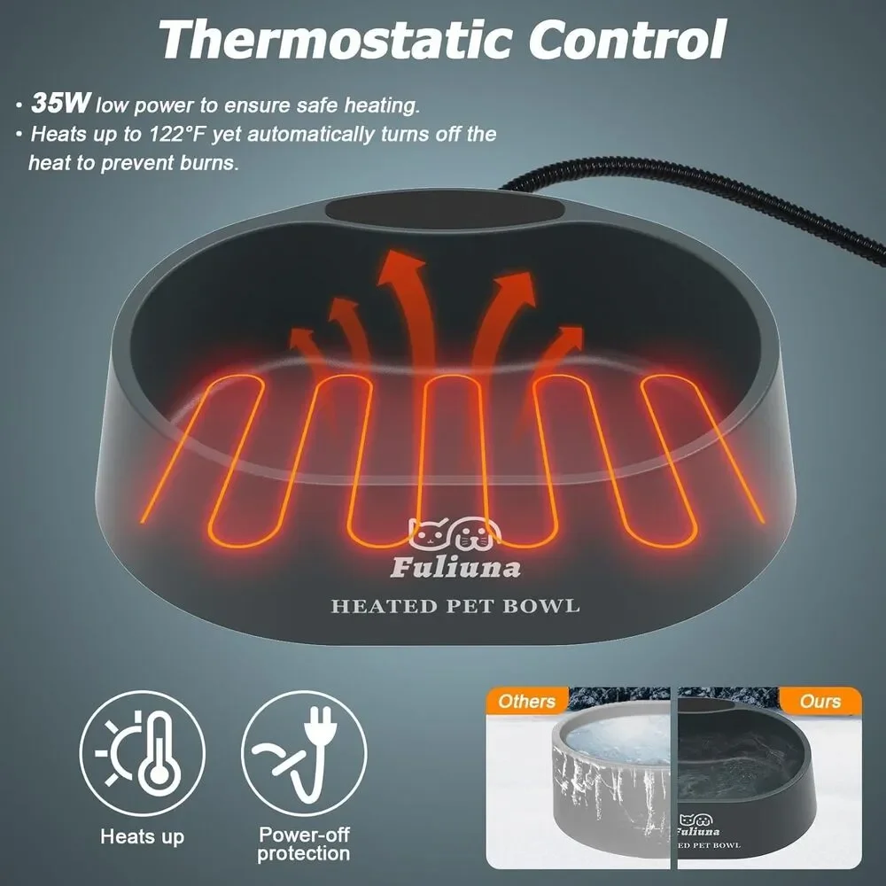 Fuliuna Outdoor Heated Water Bowl for Dog & Cat, Anti Chew Cord Large 125 OZ